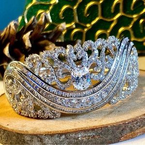 Art Deco style baguette oval rounds CZ rhodium-plated hinged bangle bracelet